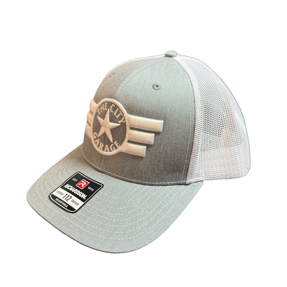 Richardson 112 Trucker Hat The City Garage Grey White Mesh Snapback Cap Mens Car